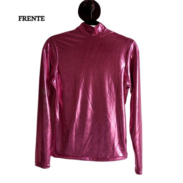 Blusa Tania Manga Longa Gola Alta Holográfica rosa - frente