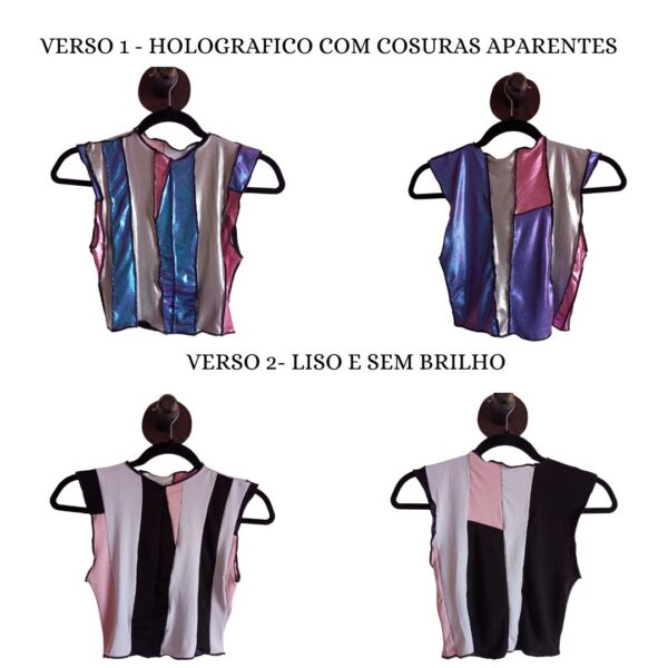 Cropped Vitral com Retalhos Holográficos e Costuras Aparentes Mapa de dois versos