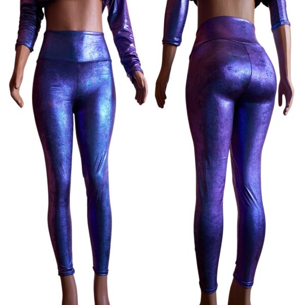 Legging Holográfica Roxa com Cintura Alta Macussa Legginvanda Frente e Costas